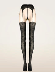 Floral Tights with Garter Belt Illusion