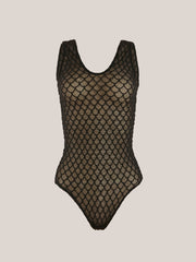 Velvet Net Illusion Thong Body Geometric Pattern Sculpting Bodysuit
